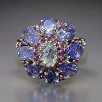 Natural Aquamarine, Tanzanite & Garnet 925 Sterling Silver Ring Size 9 2051 - Image 1 of 4