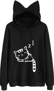 Super Comfy Black SleepyCat Long Sleeve Graphic Pullover Hoodie Sweat Shirt S - Picture 1 of 2