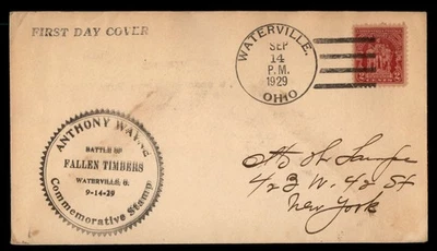 Mayfairstamps US FDC 1929 Waterville OH Anthony Wayne Fallen Timbers First Day C - Image 1 of 2