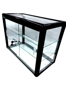 Elegante schwarze Aluminium Display Tischplatte Hartglas Vitrine. Schiebegl... - Bild 1 von 3