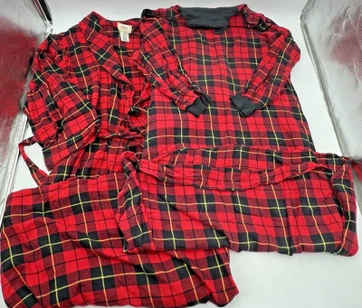 TALBOTS INTIMATES 红色 PLAID PAJAMA 衬衫 NIGHTGOWN 带匹配浴袍女式 M — 第 1/4 张图片