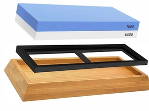 Knife Sharpening Stone 1000/6000 2Side Blue White Whetstone Set Holder Sharpener - Picture 1 of 7