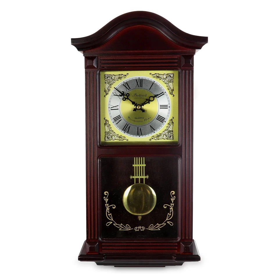 Bedford Clock Collection 22 Inch Wall Mahogany Oak Wood Brass Pendulum Chimes