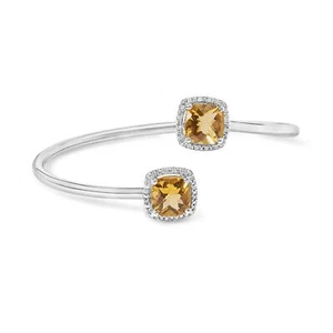 .925 Sterling Silver Cushion Yellow Citrine Gemstone and Diamond Bangle Bracelet - Picture 1 of 6
