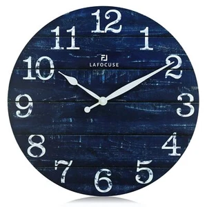 12 Inch Farmhouse Wooden Navy Blue Wall Clock Silent Non TickingBattery Opera... - Picture 1 of 10
