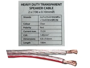 HEAVY DUTY TRANSPARENT LOUDSPEAKER CABLE 2 X196 STRANDS WITH RED POLARITY STRIPE - Picture 1 of 1