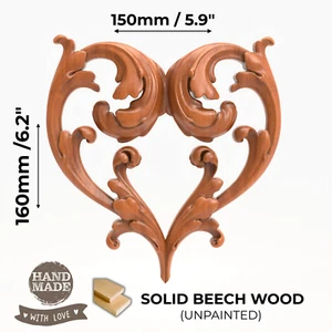 Aplique barroco en forma de corazón madera tallada hojas adorno floral decoración muebles - Imagen 1 de 6