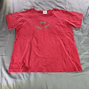 Cactus Bay Top Womens Medium Red Rhinestone Bedazzled Dragonfly Made In USA Y2K - Picture 1 of 10