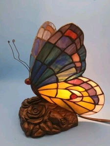 Quoizel Tiffany Style BUTTERFLY Stained Glass Lamp On Rose Base Art Deco Light - Picture 1 of 9