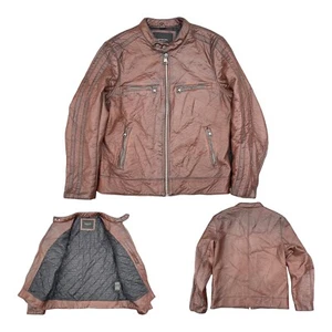 Vintage MARC NEW YORK Mens L Faux Leather Moto Jacket Distressed Cafe Racer Zip - Picture 1 of 24