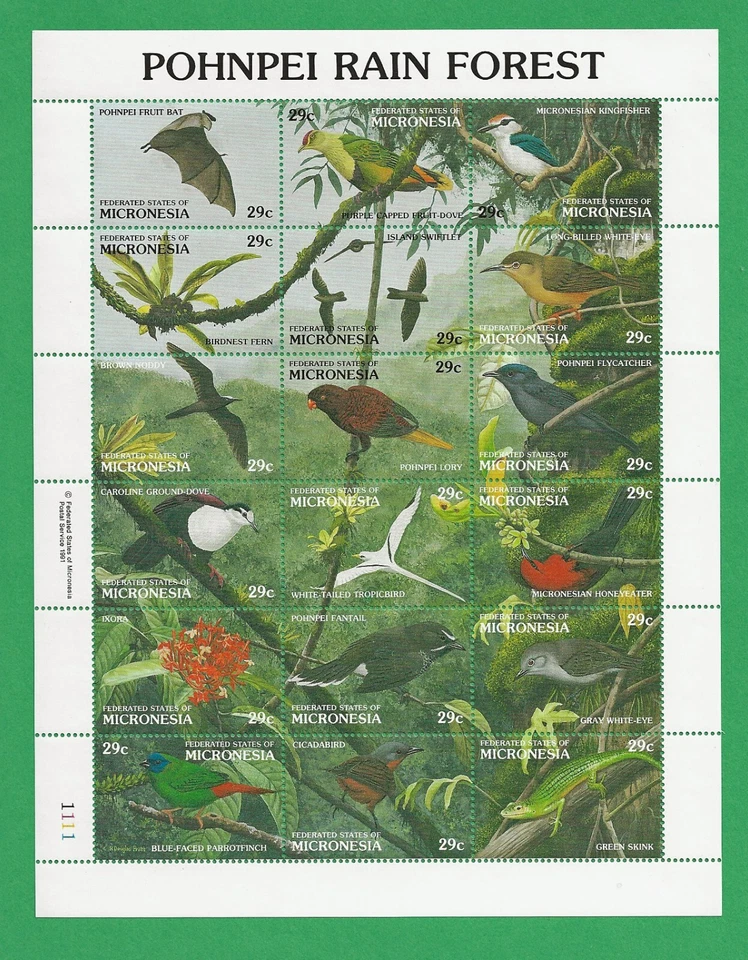 Folha de 18 selos da Micronésia 1991 MNF Pohnpei floresta tropical - Imagem 1 de 1