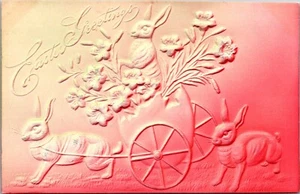 Easter Greetings Embossed Rabbits and Wagon Hand-Tinted Postcard - Picture 1 of 2