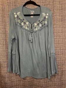 Blusa Campesina Time and Tru Para Mujer Tejida Bordada Turquesa Manga Campana XL - Imagen 1 de 5