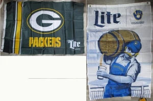 2 BANDERAS PROMOCIONALES MILLER LITE Green Bay Packers 47"x30" y MILWAUKEE BREWERS 47"x30" - Imagen 1 de 6