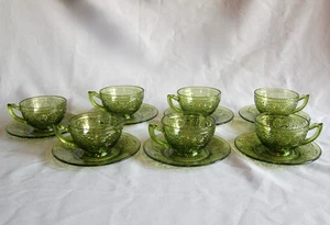 GÄNSEBLÜMCHEN GRÜN, Avocado ~ Indiana Sandwich Glas ~ 7 TASSEN & UNTERTASSEN Sets ~ Vintage - Bild 1 von 5
