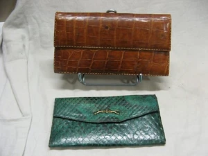 Belle authentique pochette en cuir croco marron + petite pochette serpent verte - Imagen 1 de 12