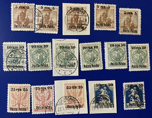 RARE LOT OF 1918 POLAND STAMPS FEN OVERPRINT MONUMENT SERIES SOME WARSAW CANCELS