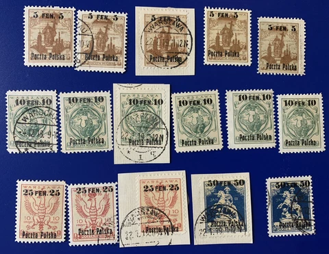 RARE LOT OF 1918 POLAND STAMPS FEN OVERPRINT MONUMENT SERIES SOME WARSAW CANCELS Cover