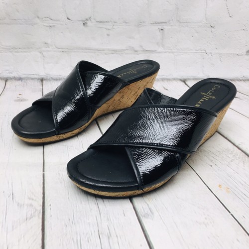 Sandali donna Cole Haan NikeAir zeppa tacco slide taglia 8 B nero vernice pelle