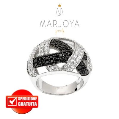 Anello a fascia traforata con zirconi bianchi e neri in argento 925 rodiato - Immagine 1 di 4