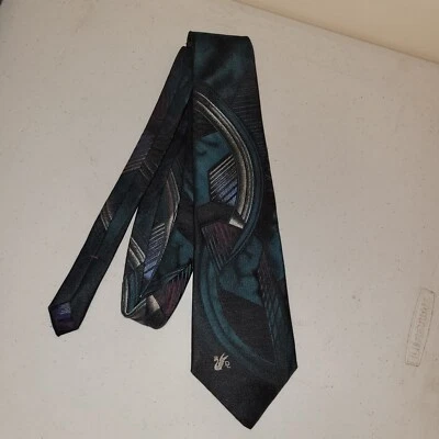 Vintage Don Loper Mens Necktie 100% Poly. Black & Dark Green Geometric Design - Image 1 of 4