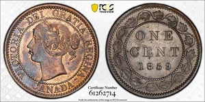 1859 Canada Large Cent PCGS AU58 Lot#G1124 Narrow '9' - Picture 1 of 4