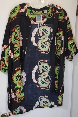 Camisa Hawaiana Negra Dragón Verde Gráfico Talla Grande Ocean Current De Colección Para Hombre Foto 1 de 3