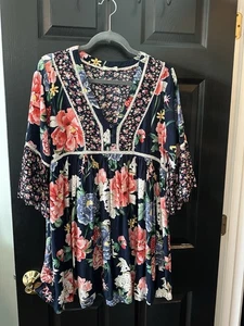 Umgee Mini Boho Kleid Long Tunika blau Blumen Langarm fließend Damen M Fee - Bild 1 von 8