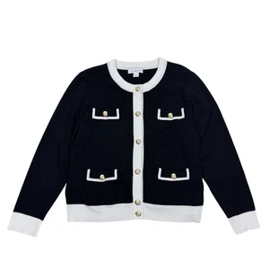 Liz Claiborne Tipped Black Cardigan Sweater Size L Crest Button Old Money Office - Bild 1 von 8