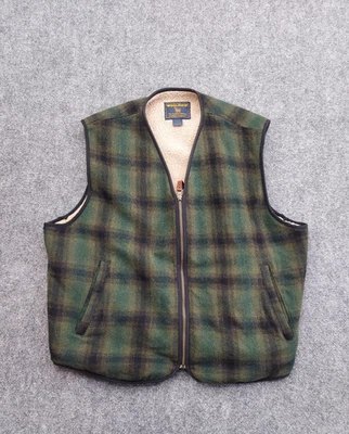 Woolrich Vest Mens XL Green Plaid Sherpa Fleece Lined Zip Wool Blend Loden 412 - Image 1 of 4