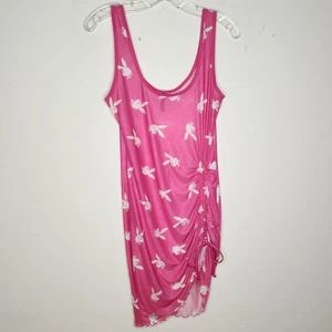 Playboy Dress L/XL Pink Sheer Mesh White Bunny Logo Stretch Ruched Asymmetrical  - Picture 1 of 7