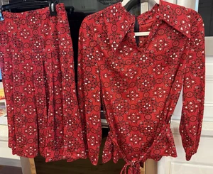 EXC VINTAGE HANDMADE WOMENS M/L HANDMADE DRESS SKIRT SET BANDANA 2 PC RED BLACK - Picture 1 of 9