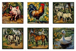 Farm Animals Ceramic Tile Set Art 6 Home Kitchen Country Decor Backsplash Tiles - Picture 1 of 8
