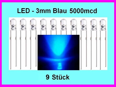 LED - 3mm Blau 5000mcd Lampe Extreme Helle Geführte Glühbirne / 9 Stück Neu - Bild 1 von 4