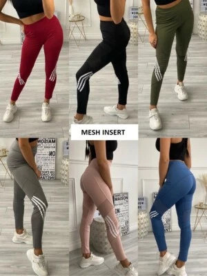 Women Ladies Mesh Insert 3 StripeLegging Gym Yoga Skinny Stretchy Trouser Pants  - Image 1 of 4