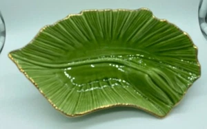 Vintage Retro Ceramic Tray Dish. Made in USA #G-34 Green With Gold Trim Leaf - Picture 1 of 6