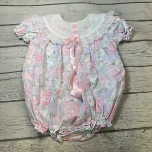VTG Nannette Dress 6-9 M ? Blue w/ White Pink Floral Lace Romper - Picture 1 of 17