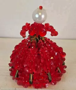 Vintage Handmade Ruby Red Bead And Safety Pin Angel Ornament Pearl Gold Tone - Imagen 1 de 5