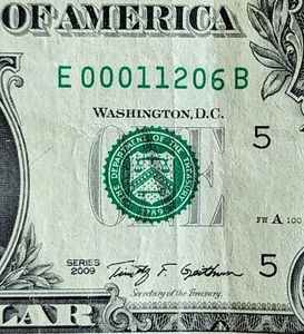 2009 $1 Schein Fancy Low(er) Serie, Geburtstagsschein 12. Januar 2006. E 00011206 B - Bild 1 von 3