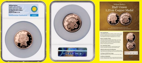 Morgan 2017 1877 Barber $50 Half-Union 1.25 OZ Cu NGC PF 70 UC  Smithsonian COA Cover