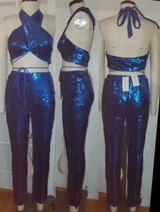 2 PC SET SEQUINS BLUE PANT BANDEAU BRA SEXY HOLIDAY CO-ORD PANTS SUIT WOMEN’S L - Picture 1 of 12