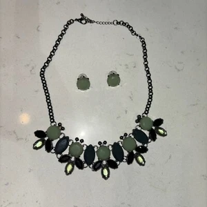 Necklace With Earrings Vintage Boho Grey Pale Green Black 18”Gunmetal Chain - Picture 1 of 5