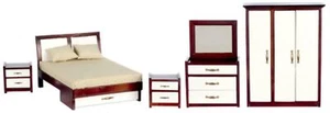 Dollhouse Modern Mahogany White Double Bedroom Set Miniature Furniture 5 Piece - Picture 1 of 8