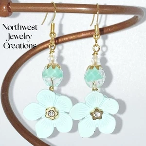 Vintage Mint Green Metal Flower Lampwork Glass/Crystal .925 Gold Earrings - Picture 1 of 3