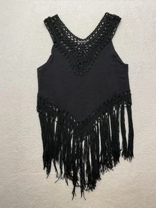 Traje de baño para mujer cubre negro transparente con dobladillo de ganchillo y flecos pequeño/mediano hippie  - Imagen 1 de 15