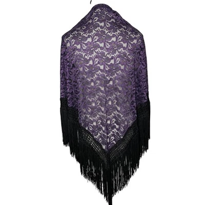 VTG Purple Black Floral Lace Crochet Fringed Shawl Scarf Whimsy Boho Gothic Chic - Image 1 of 4