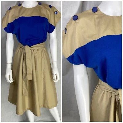 Vintage "Toni Todd" 60s 70s MOD color block knee length dress size 8 blue khaki - Image 1 of 4
