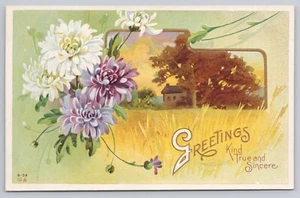 Greetings Kind True & Sincere Landscape Scene Chrysanthemums UNP E Nash - Picture 1 of 2