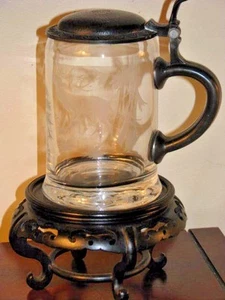 Vintage Etched Glass Tankard Stag in the Forrest Pewter Lid Western Germany - Picture 1 of 9