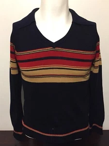 Vintage 1980s Black Orange Beige Striped Pullover Shirt S Acrylic Knit V Neck - Picture 1 of 8
